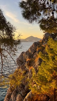 A serene coastal view with pine trees framing a sunset over calm waters and a distant mountain, rocky cliffs in the foreground.