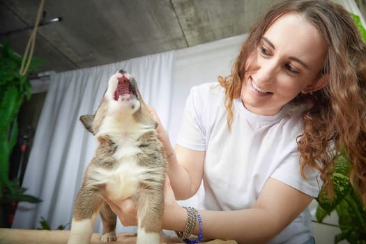 A mother and her young daughter enjoy quality time together as they play with a lively puppy in a cozy indoor setting filled with plants.