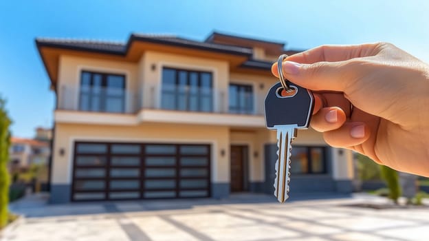 Real estate agent holding house key in front of new property, buying or selling home concept
