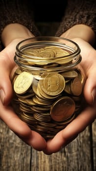 Hands holding a glass jar full of adam jones gold coins, representing savings, investment, and financial security