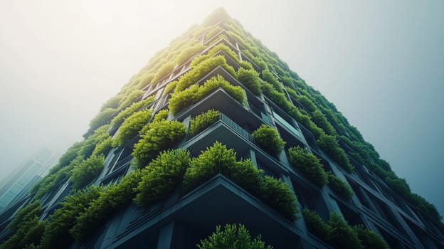 Lush green plants covering modern building facade, promoting eco-friendly architecture and urban sustainability