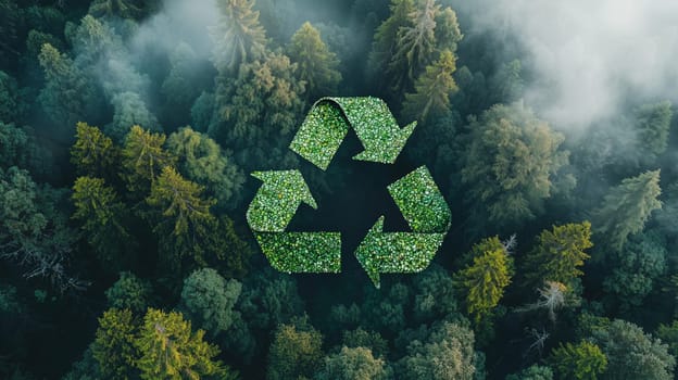 Aerial view of a green recycle symbol hovering over a dense forest, symbolizing environmental sustainability and conservation efforts