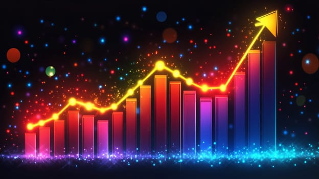 Colorful bar graph is growing with glowing line and arrow showing positive trend on black background with glowing particles