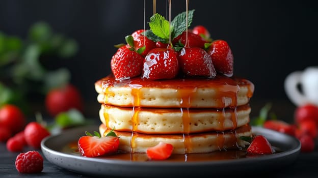Stack of pancakes dripping with maple syrup and topped with fresh strawberries and mint leaves, ready to be enjoyed for breakfast
