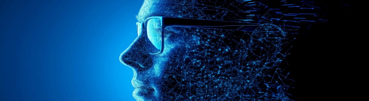 Human head with glasses made of connections forming from digital network, symbolizing artificial intelligence.