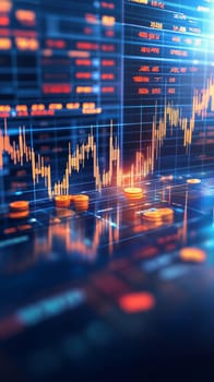 Increasing profits shown on stock market graph with stacks of golden coins