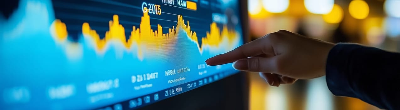 Stockbroker pointing at touchscreen monitor displaying declining financial chart, analyzing investment risk management in office at night