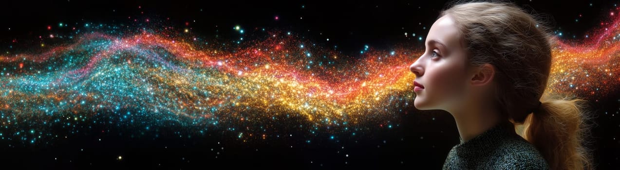 Woman breathing cosmic energy stardust glitter wave in space universe, spiritual concept