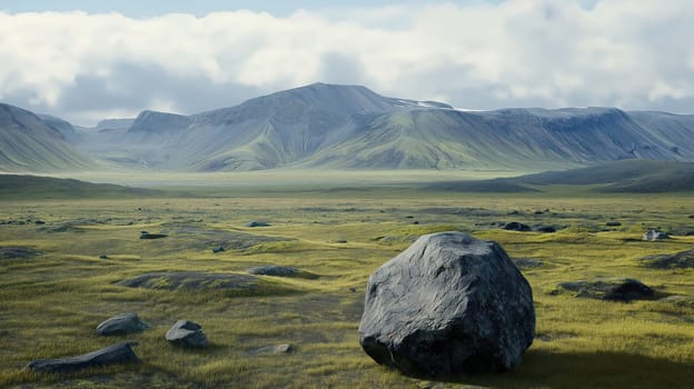 A grassy plain with mountains in the background and a large stone in the foreground