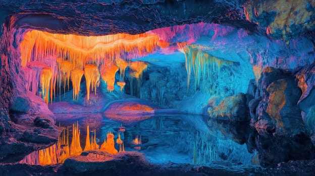 A colorful neon cave with a lake
