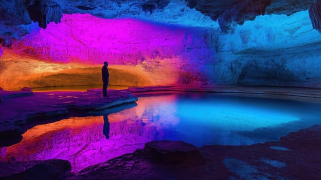 A colorful neon cave with a lake