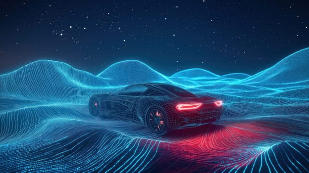 Hi-tech car wireframe and futuristic landscape abstract background