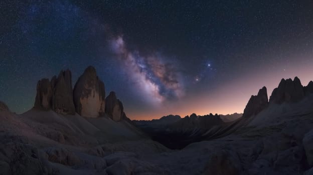Mountain night winter landscape and starry sky with milky way