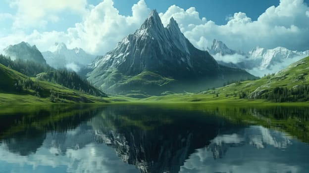 Wild landscape with lake, forest and mountains