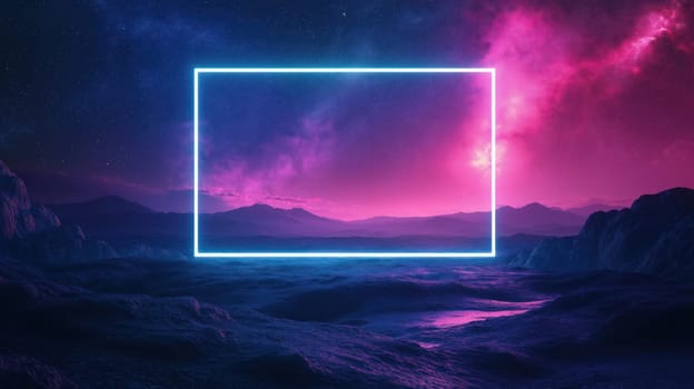 Laser neon frame on the night mountains landscape