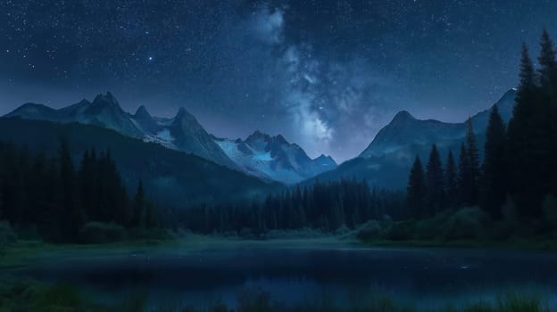 Mountain and forest night landscape and starry sky with milky way