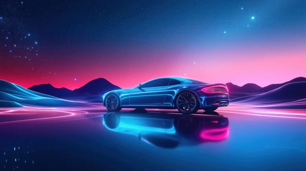Neon futuristic background with car and mountains landscape