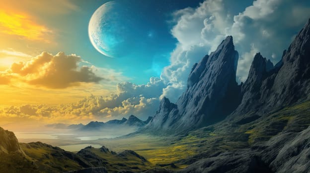 Fantasy landscape with a planet in the sunset sky