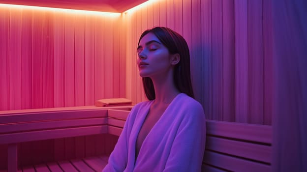 Beautiful young girl in wooden sauna
