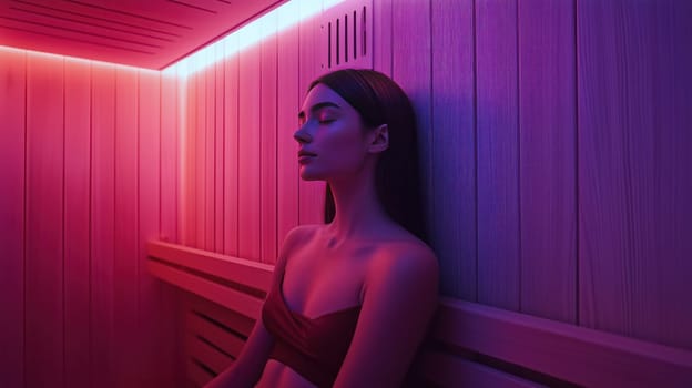 Beautiful young girl in wooden sauna