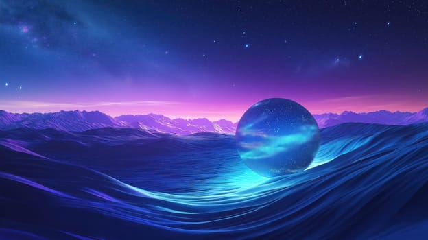 A futuristic scene of a glowing blue orb resting on smooth, wave-like dunes under a cosmic sky filled with stars.