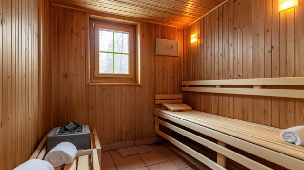 A warm and inviting wooden sauna interior with benches and soft yellow lighting creating a relaxing atmosphere.