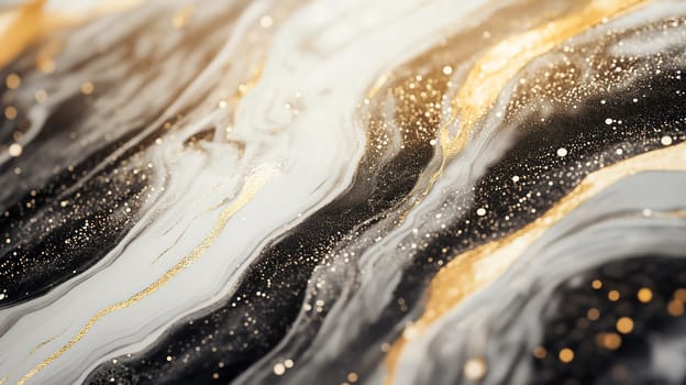 Abstract black, white, and gold marble texture with elegant glitter and fluid swirl pattern