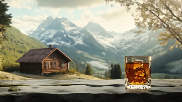 Whiskey glass with ice in a rustic mountain setting near a wooden cabin and scenic peaks