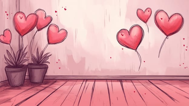 Hand-drawn Valentine's Day scene with heart-shaped balloons, pink background, and cozy indoor atmosphere