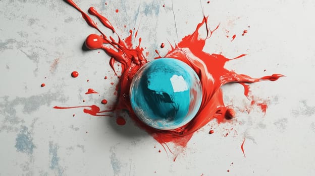 Abstract sphere with blue glossy surface surrounded by dynamic red paint splash on a textured background