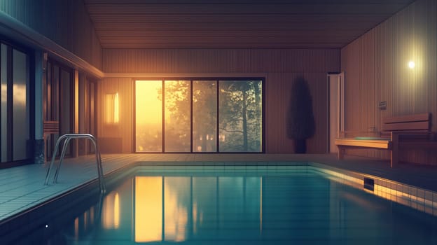 Modern indoor pool and sauna with warm wooden interior, sunset light reflecting on water