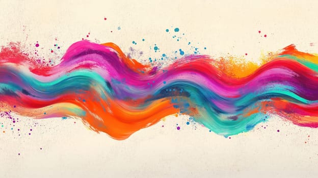 Abstract colorful paint wave with splashes on a light textured background, featuring vibrant dynamic flow