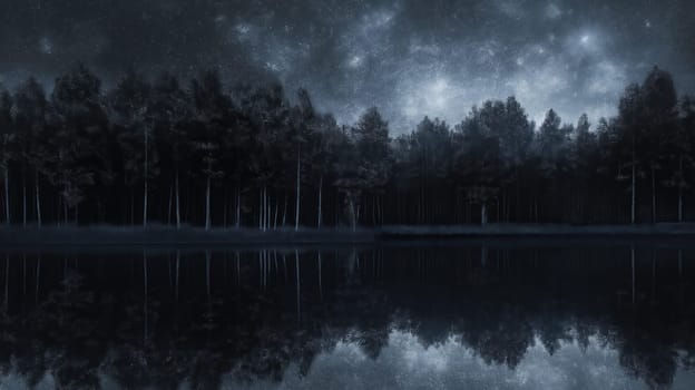 A serene dark forest reflected in a calm lake, with a vibrant starry night sky creating a mysterious and tranquil atmosphere.