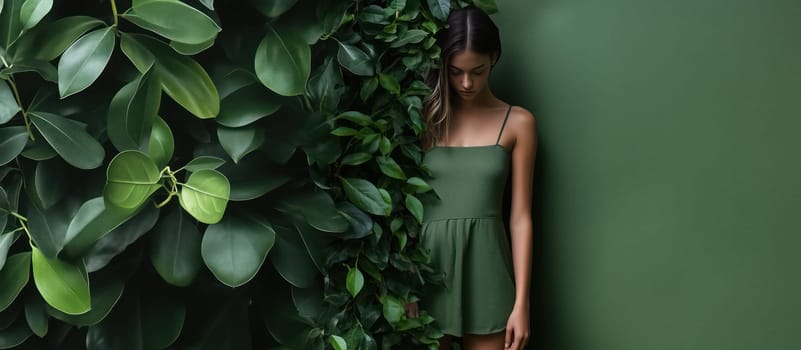 Fashion portrait of a woman surrounded by lush green foliage