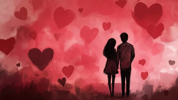 Romantic illustration of a couple holding hands with heart shapes on a red abstract background