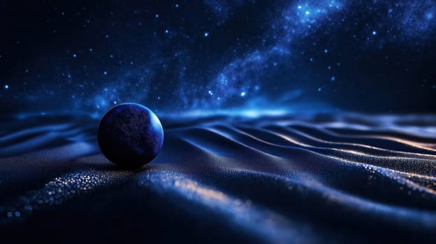 Glowing sphere on a surreal night landscape with starry sky and galaxy backdrop, futuristic cosmic scene