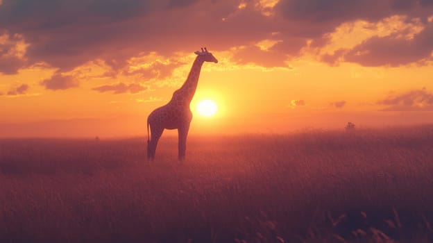 Giraffe standing in a golden savanna during sunset, with warm sunlight and scenic nature landscape