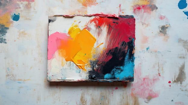 Abstract colorful painting with swirling brushstrokes on a textured canvas, featuring vibrant red, blue, and yellow hues