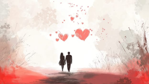 Romantic sketch illustration of a couple walking together with hearts floating in a dreamy abstract background