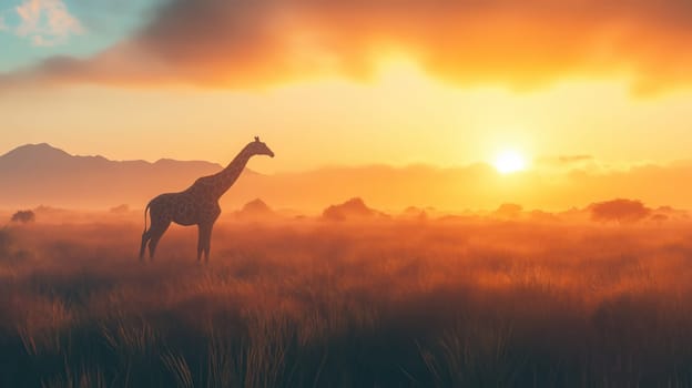 Giraffe standing in a golden savanna during sunset, with warm sunlight and scenic nature landscape
