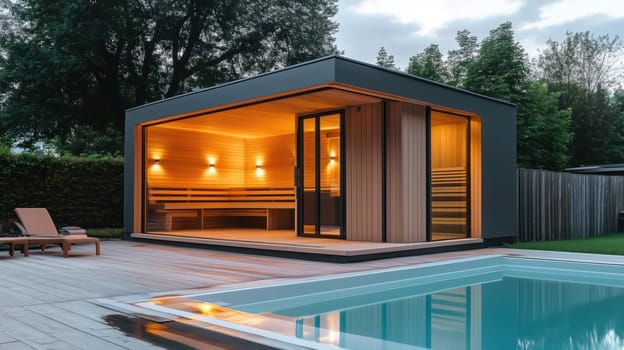 Modern outdoor sauna with a swimming pool, warm lighting, and contemporary wooden design in a tranquil backyard