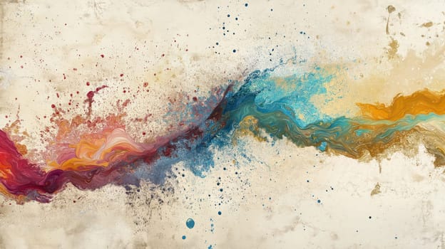 Abstract colorful paint splash with swirling textures and vibrant waves on a light textured background