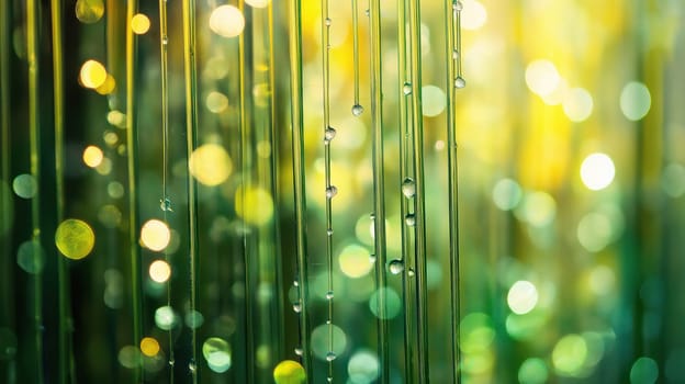 Abstract nature background with water droplets on vertical lines and glowing bokeh lights in green and yellow tones