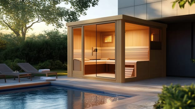 Modern outdoor sauna with a swimming pool, warm lighting, and contemporary wooden design in a tranquil backyard