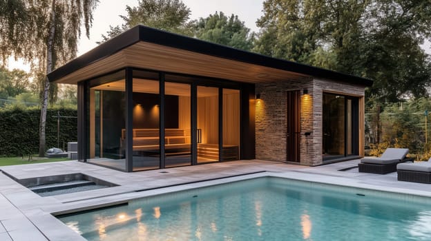 Modern outdoor sauna with a swimming pool, warm lighting, and contemporary wooden design in a tranquil backyard