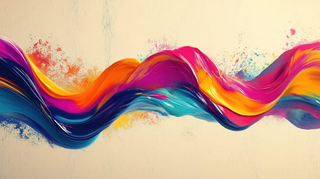 Abstract colorful paint wave with splashes on a light textured background, featuring vibrant dynamic flow