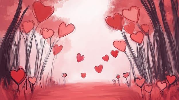 Romantic hand-drawn sketch of heart-shaped flowers in a dreamy landscape, perfect for Valentine's Day themes