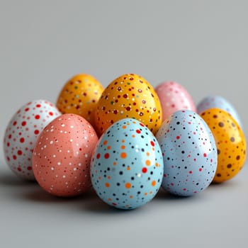 A cluster of colorful Easter eggs with speckled patterns in blue, yellow, pink, and orange shades, arranged on a neutral background.
