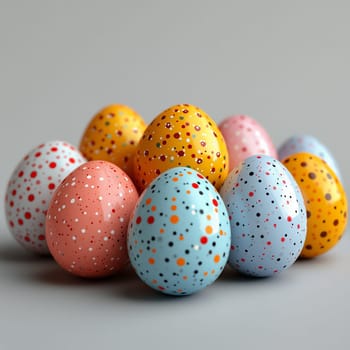 A collection of pastel and vibrant speckled Easter eggs in pink, blue, yellow, and orange tones, neatly arranged on a soft neutral surface.