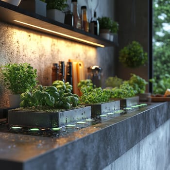 Fresh basil, parsley, and other herbs growing in sleek hydroponic planters on a concrete countertop in a stylish, modern kitchen with LED lighting.